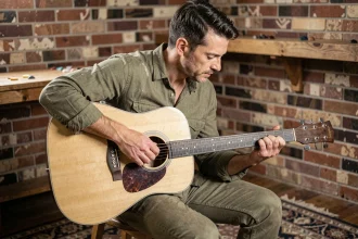 Guitariste jouant l'accord B7 sur une guitare acoustique dreadnought dans un studio rustique aux murs en briques
