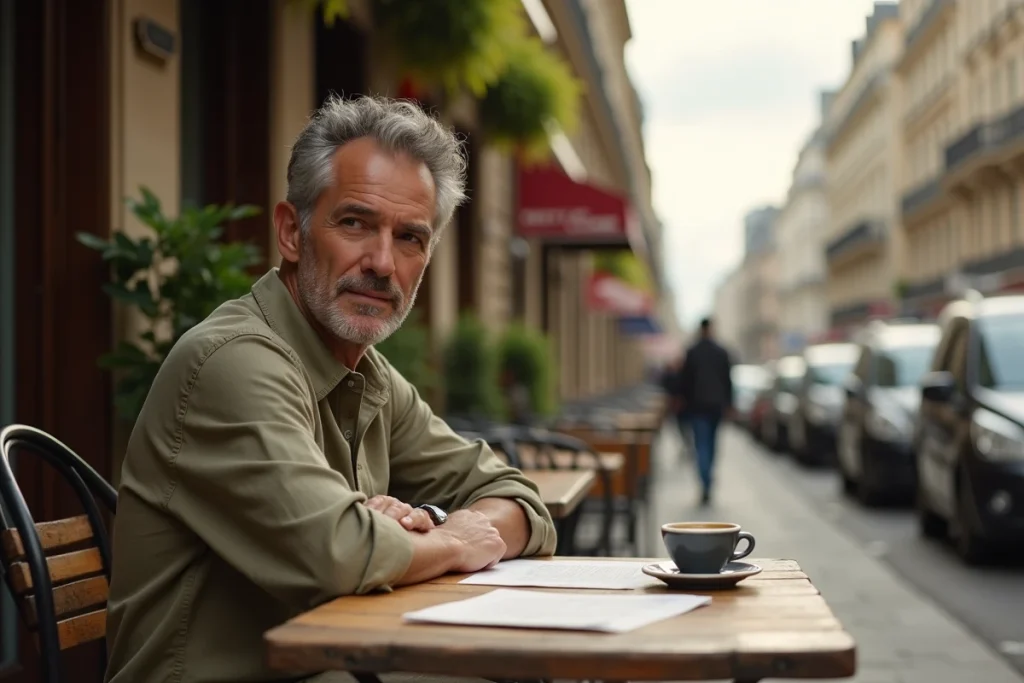 Acteur français expérimenté attablé en terrasse de café parisien, portrait naturel pour dossier sur les acteurs incontournables de 2026