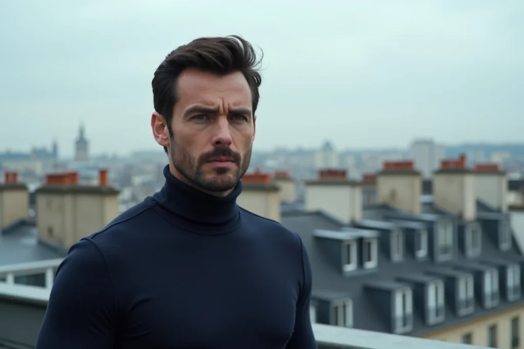 Acteur français photographié sur les toits de Paris, portrait grand angle illustrant les stars incontournables du cinéma français en 2026