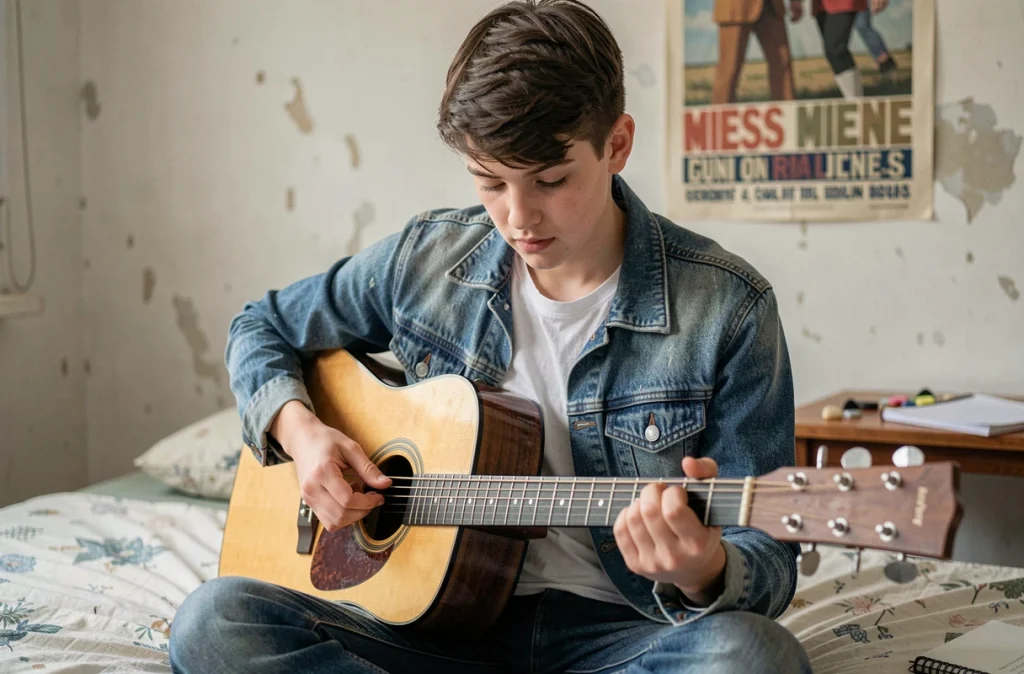 Adolescent débutant apprenant les accords de Stand By Me à la guitare dans sa chambre