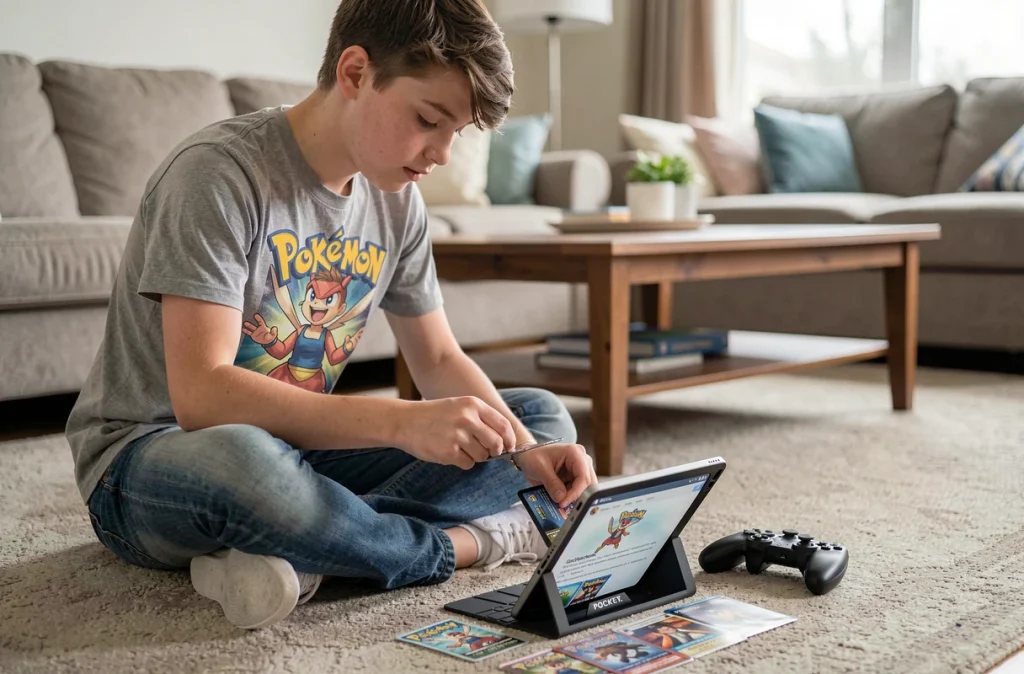 Adolescent ouvrant des boosters Pokemon TCG Pocket obtenus via un code cadeau sur tablette, assis sur un tapis dans un salon