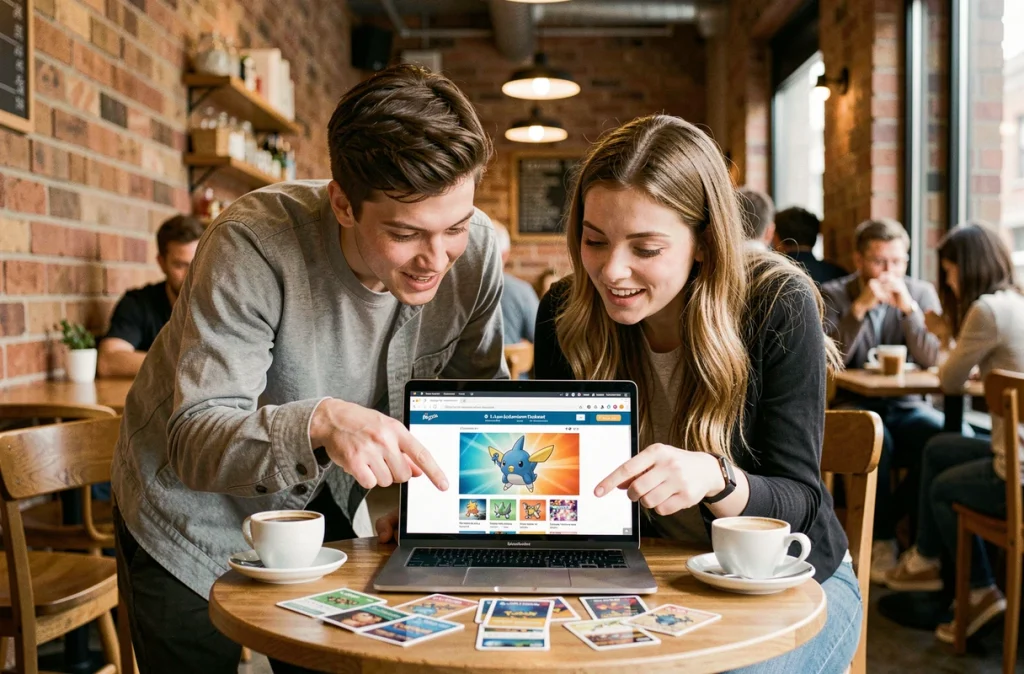 Deux amis découvrant ensemble les premiers codes cadeaux Pokemon TCG Pocket sur un ordinateur portable dans un café, entourés de cartes à collectionner
