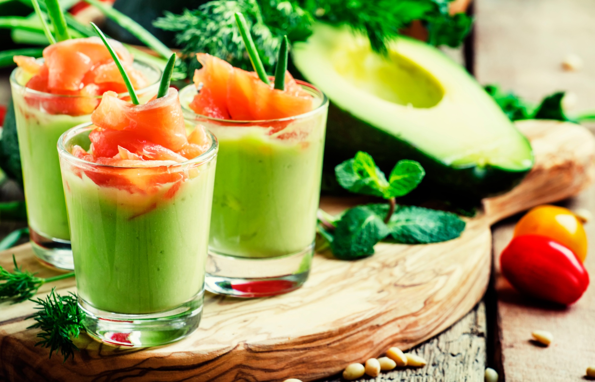 Appetizer with smoked salmon and avocado mousse, served in glasses