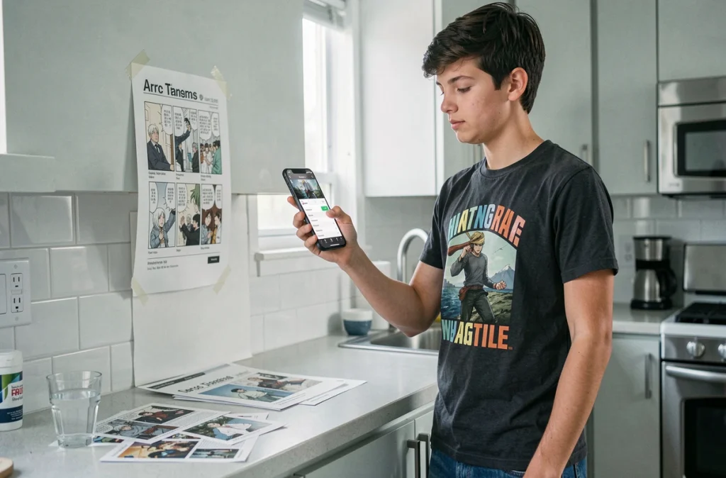 Adolescent consultant un récapitulatif d'arc One Piece sur smartphone avec une frise chronologique affichée au mur de cuisine