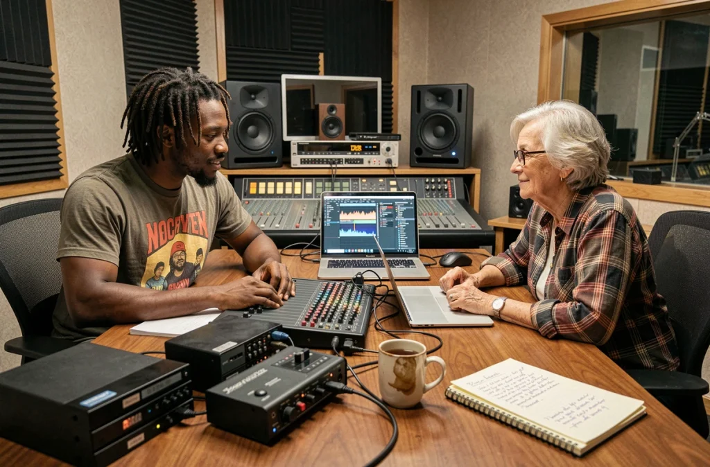 Artiste et ingénieur du son en collaboration devant une station de travail audio pour la production d'un album complet