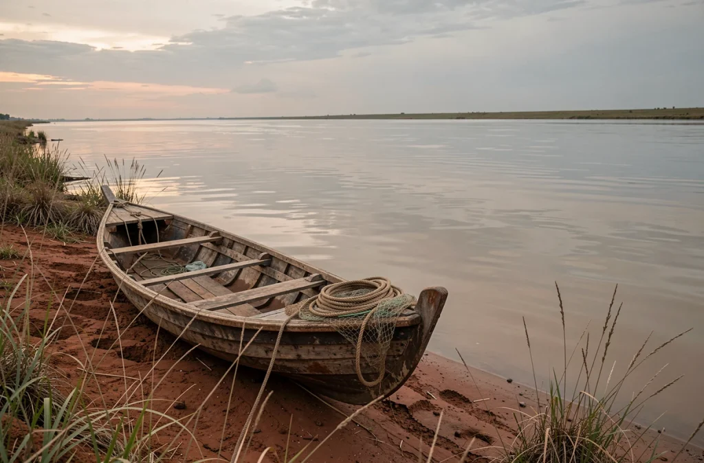 Barque traditionnelle amarrée sur la rive boueuse d'un immense fleuve s'étendant à perte de vue