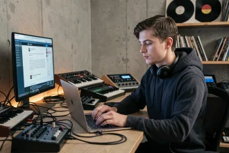 Jeune blogueur musique électronique travaillant sur son blog dans un studio home avec synthétiseurs et contrôleurs MIDI