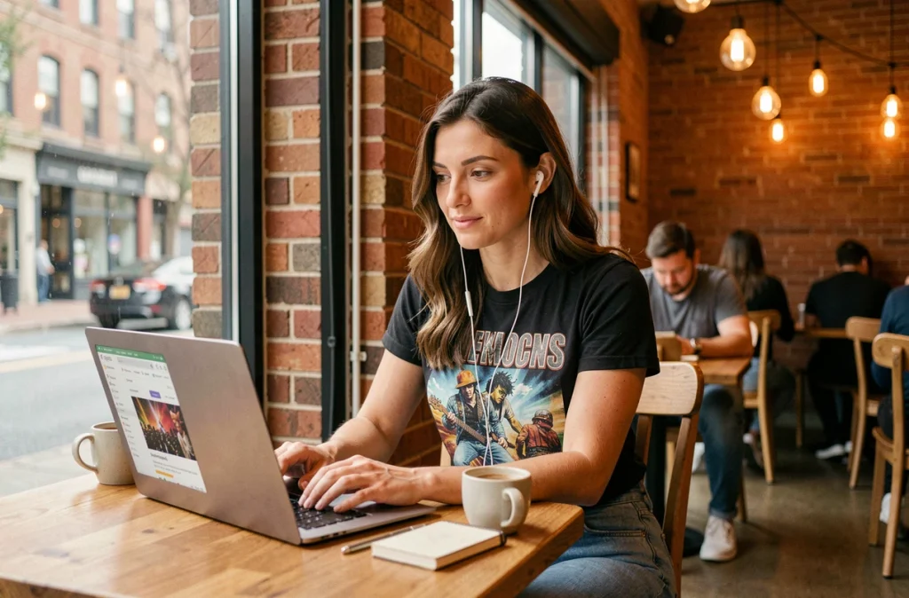 Blogueuse musique électronique travaillant sur son site dans un café urbain avec ordinateur portable et écouteurs