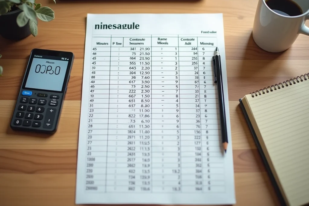Vue aérienne d'un bureau avec un tableau Excel imprimé montrant la conversion de minutes en centièmes et des outils de calcul