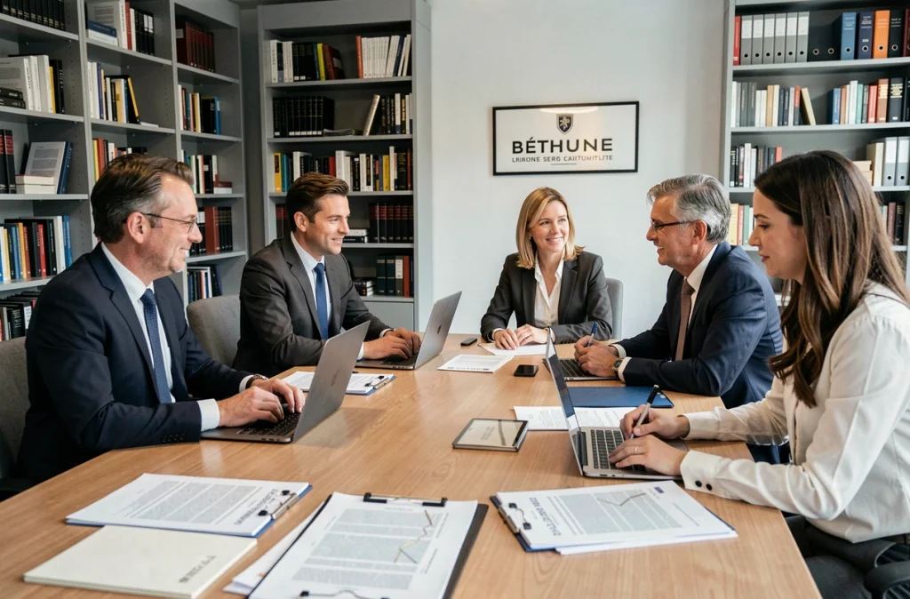 Cabinet Brunet Véniel Guislain Laur à Béthune, équipe de quatre avocats spécialisés en droit du travail réunis autour d'une table de réunion avec des dossiers