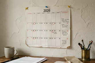 Calendrier mural 2026 avec jours fériés entourés en rouge et annotations manuscrites en français dans un bureau à domicile