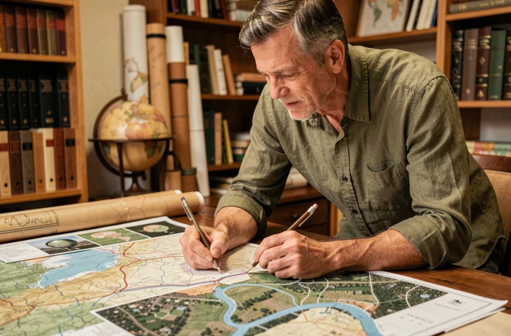 Cartographe étudiant une carte détaillée du tracé du plus long fleuve du monde sur une table de travail