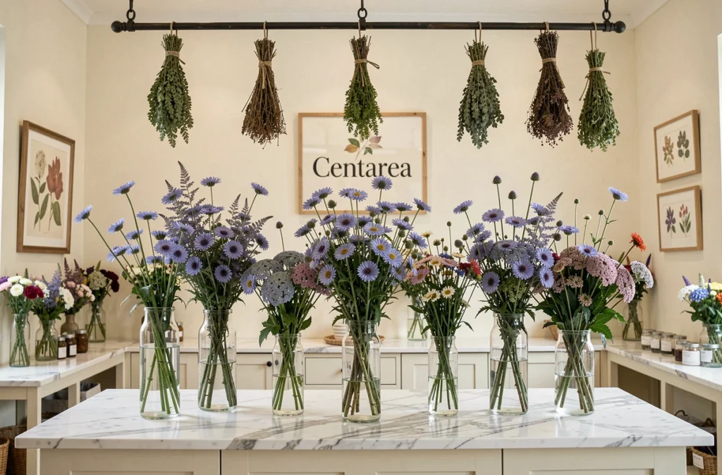 Boutique Centaurea avec des compositions de centaurées et de fleurs sauvages dans des vases en verre