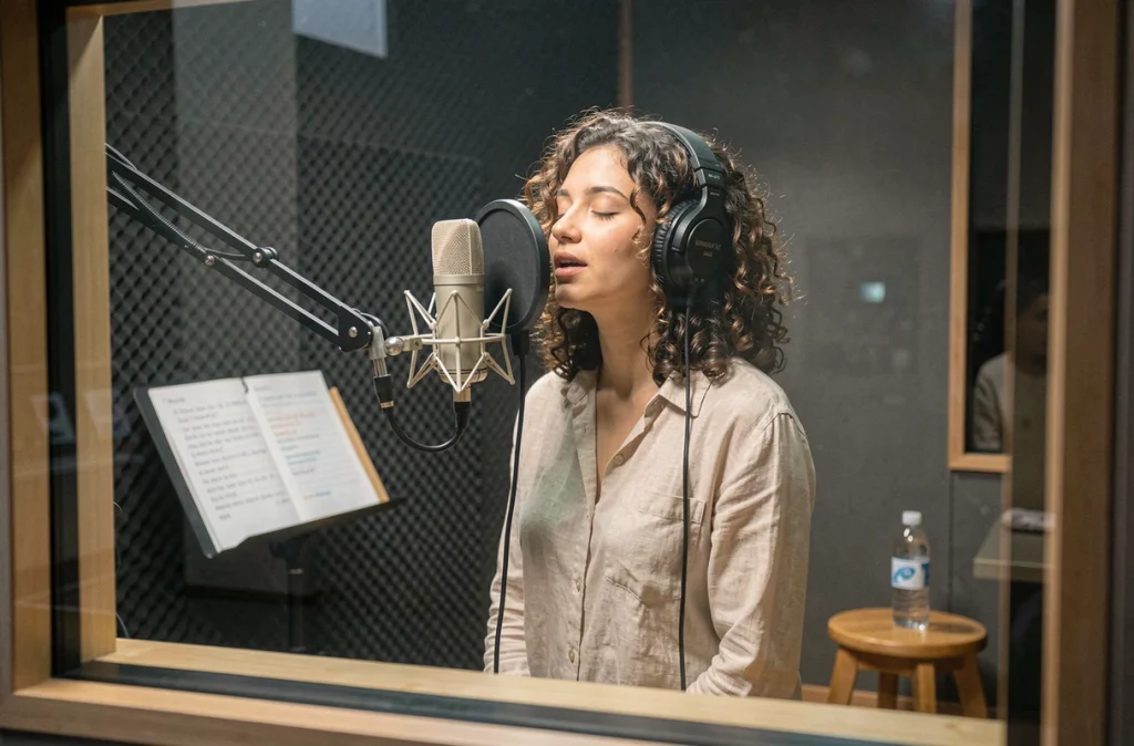 Chanteuse en cabine d'enregistrement avec micro professionnel lors d'une session pour un EP indépendant