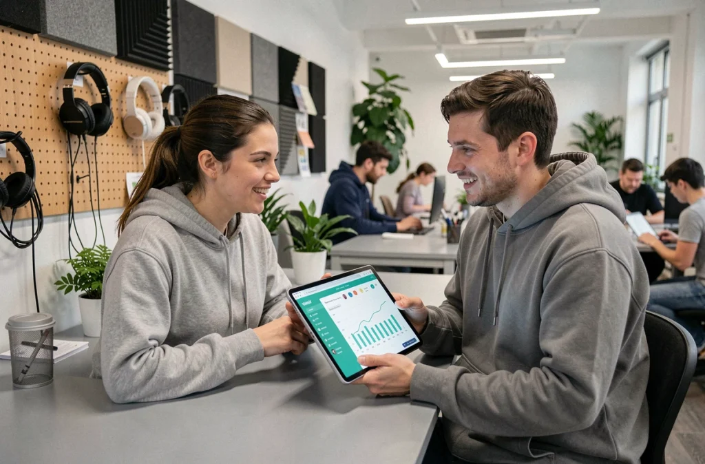 Deux créateurs de contenu collaborant sur un blog de musique électronique dans un espace de coworking moderne