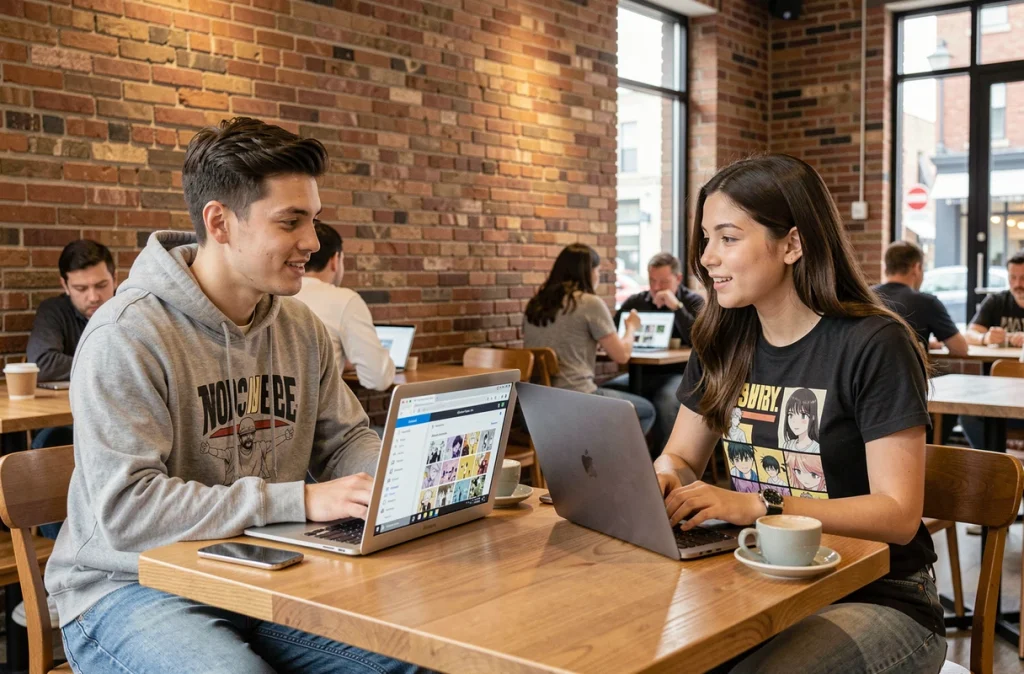 Deux jeunes adultes comparant des plateformes de lecture manga en ligne dans un café urbain