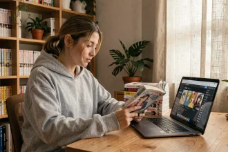 Jeune femme comparant des sites de lecture manga sur ordinateur portable entourée de volumes physiques