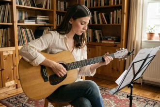 Jeune femme débutante qui apprend à jouer Stand By Me à la guitare acoustique dans un salon chaleureux