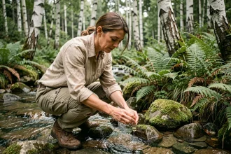 Écologue femme collectant des échantillons d'eau dans un ruisseau forestier pour une étude environnementale
