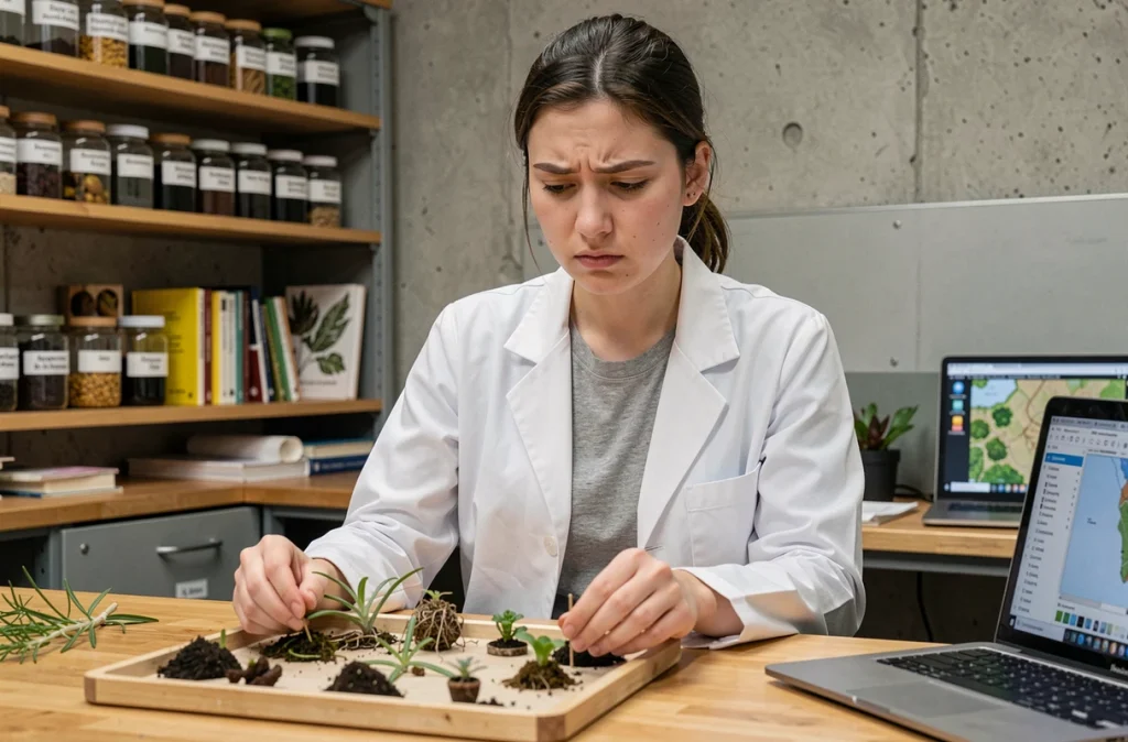 Écologue analyste en laboratoire universitaire examinant des échantillons de sol et de végétation pour une étude scientifique