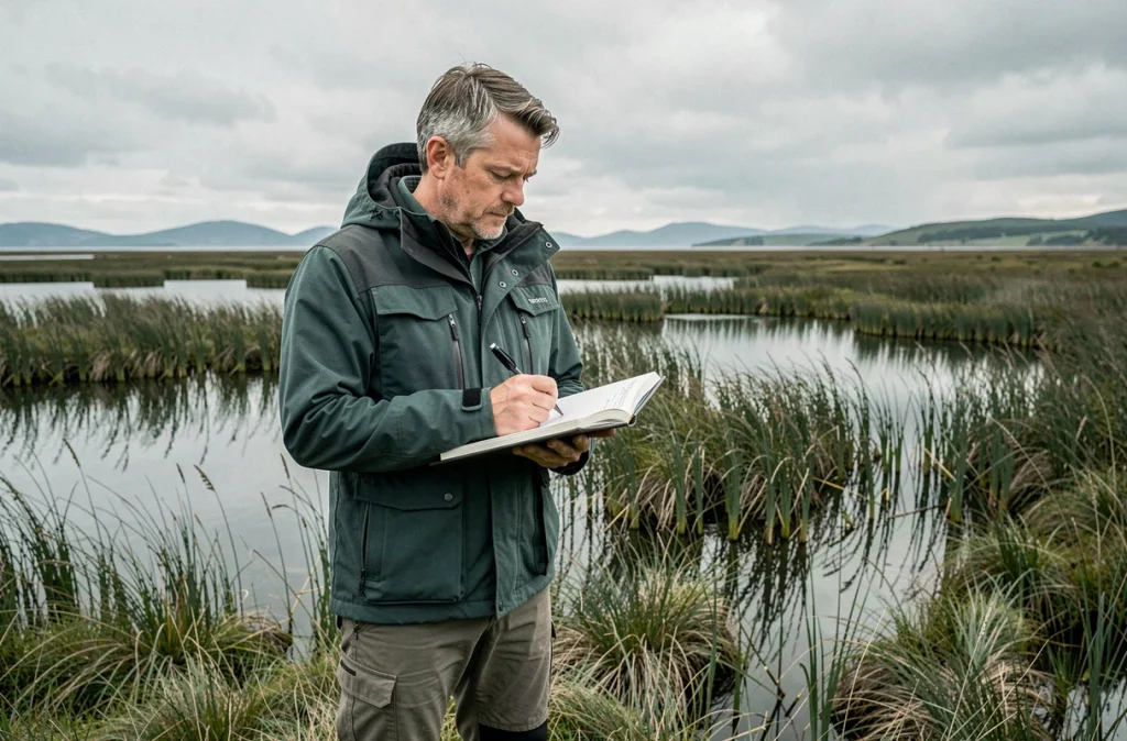 Écologue homme prenant des notes de terrain dans une zone humide côtière lors d'une mission d'inventaire écologique