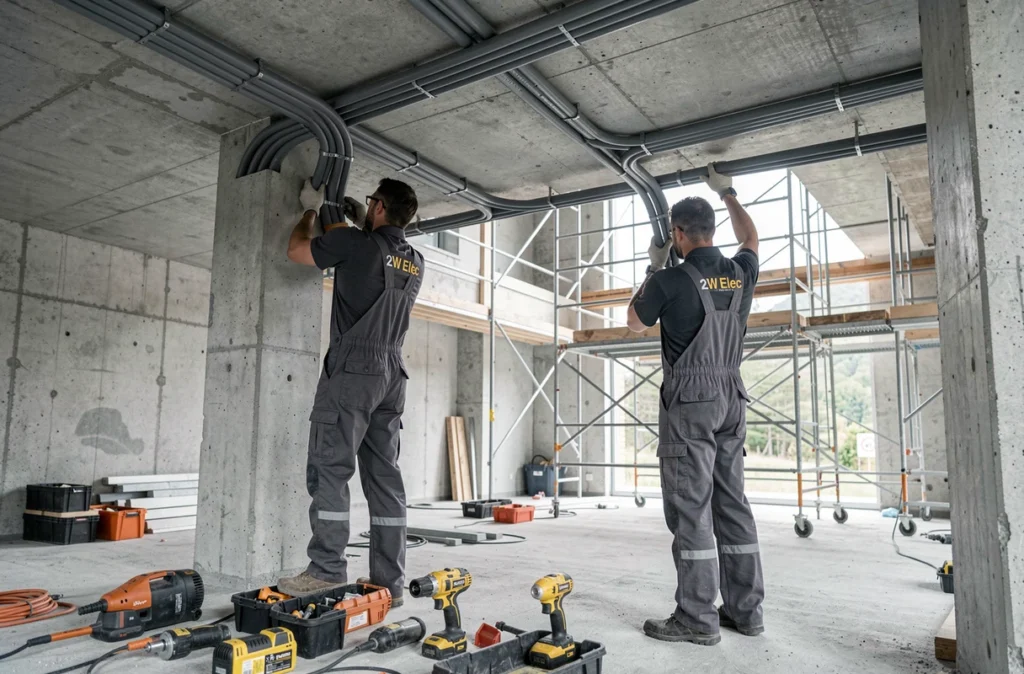 Deux électriciens de 2W Elec posant des conduits électriques dans un bâtiment commercial en rénovation en Isère