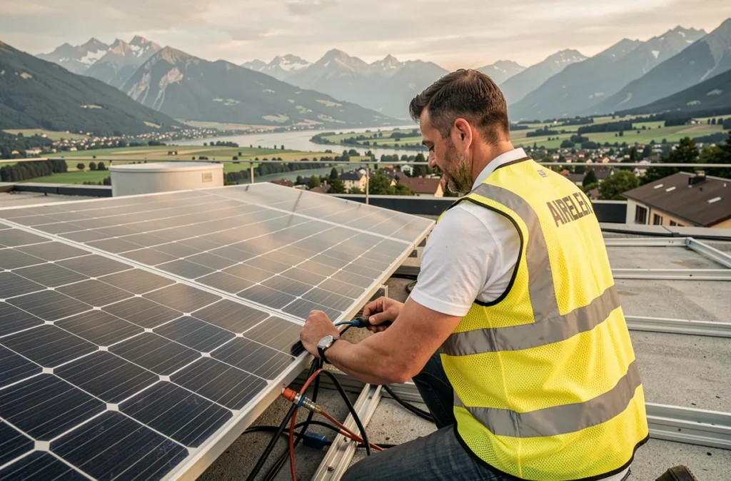 Électricien AIRELEK installant des connexions de panneaux solaires sur un toit avec la vallée de Grenoble en arrière-plan