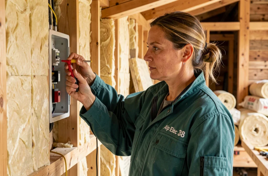 Électricienne Alp'Elec 38 testant le tableau électrique d'un chalet en construction dans le massif de Belledonne en Isère