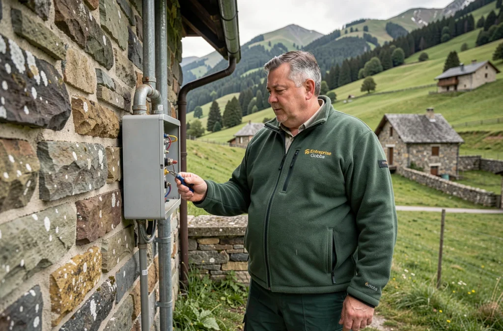 Électricien de l'Entreprise Gobba inspectant une boîte de jonction électrique sur un corps de ferme en pierre en Isère rurale