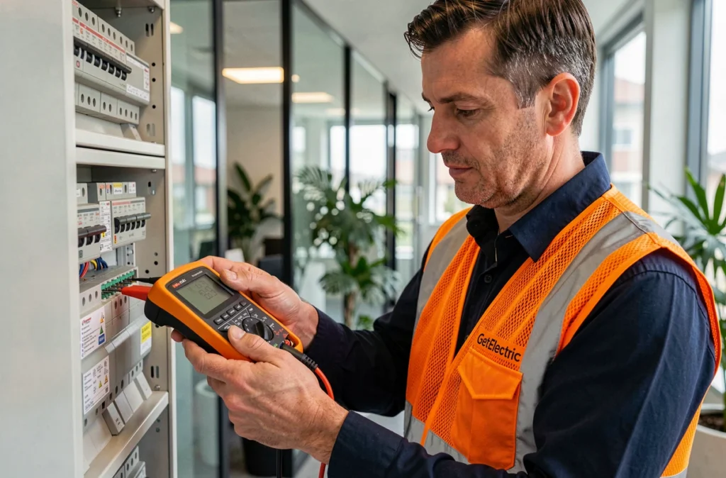Électricien GetElectric testant un tableau de disjoncteurs dans un couloir de bureau moderne en Isère