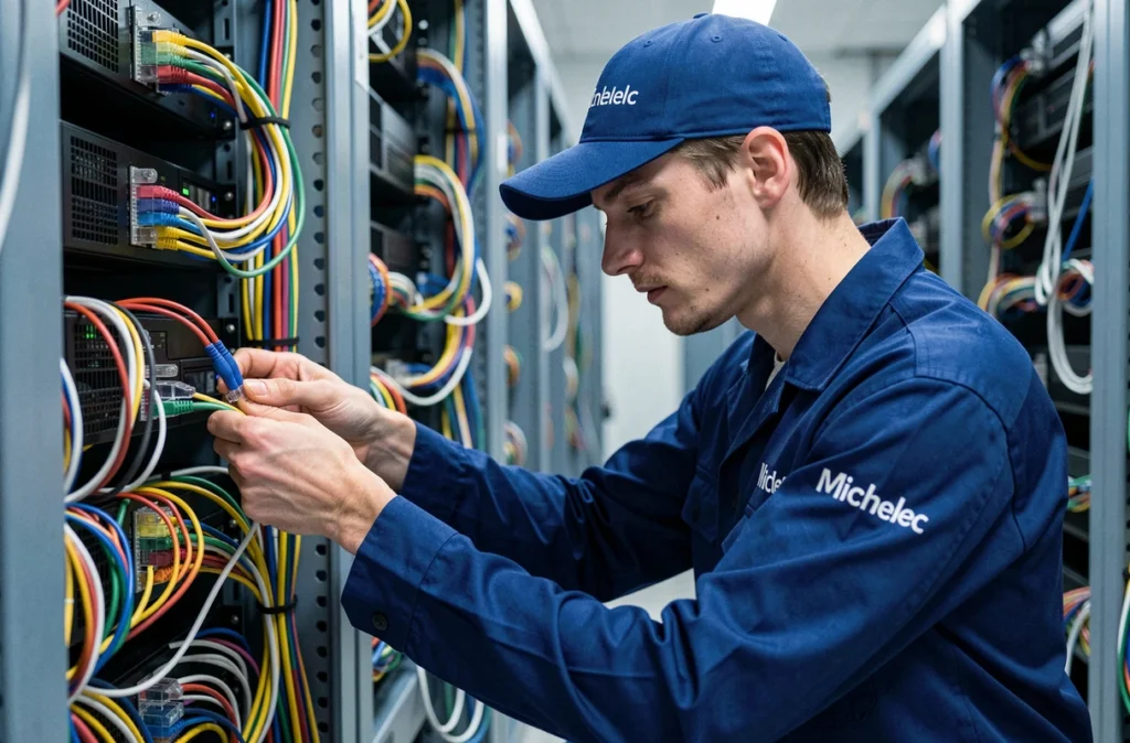 Électricien Michelec effectuant un câblage réseau et électrique dans une salle serveur en Isère