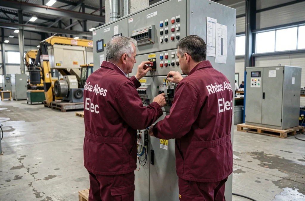 Deux électriciens de Rhône Alpes Elec travaillant ensemble sur un tableau de distribution électrique dans une installation industrielle en Isère