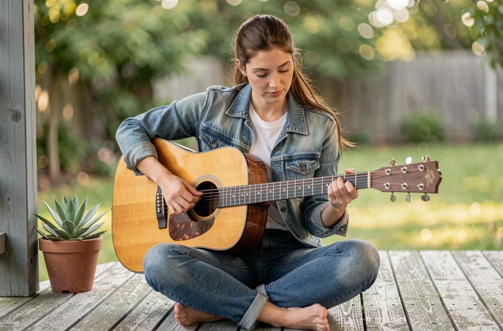 Femme jouant un accord B7 sur une guitare acoustique parlor sur une terrasse en bois en plein air