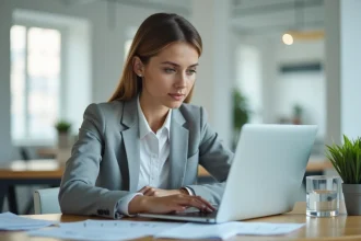 Femme professionnelle entrant des formules Excel de conversion minutes en centièmes sur un ordinateur portable dans un bureau moderne