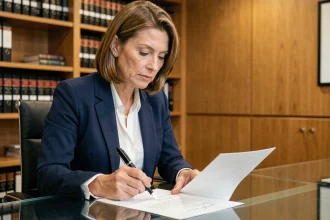 Femme professionnelle signant une lettre de mise en demeure dans un bureau juridique moderne