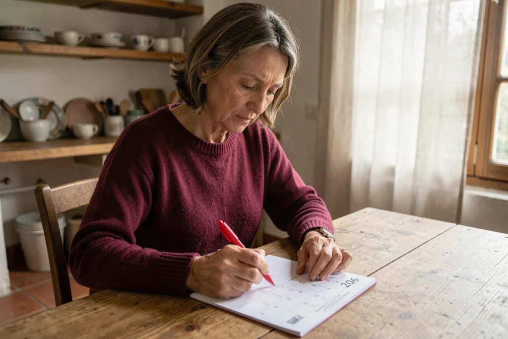 Femme consultant un calendrier 2026 imprimé à la table de sa cuisine et entourant les jours fériés tombant un week-end