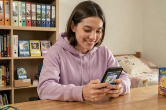 Jeune femme consultant un code cadeau Pokemon TCG Pocket sur son smartphone, assise à un bureau en bois avec des cartes Pokemon en arrière-plan