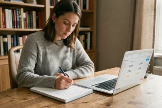Femme écrivaine prenant des notes sur le nombre de mots de son premier roman dans un bureau cosy avec des étagères de livres en arrière-plan