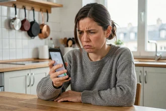 Femme agacée recevant un appel téléphonique harcelant d'un numéro inconnu dans sa cuisine