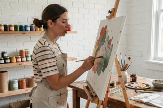 Femme débutante en peinture par numéros appliquant de la peinture acrylique sur une toile numérotée dans un atelier maison chaleureux