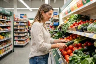 Femme choisissant des légumes frais dans un rayon de supermarché Leclerc, symbolisant une alimentation saine et économique