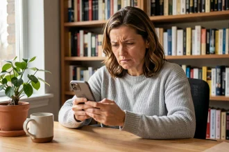 Femme vérifiant un annuaire inversé gratuit sur son smartphone depuis un bureau à domicile