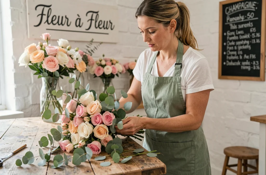 Fleuriste de la boutique Fleur à Fleur arrangeant un bouquet de roses et d'eucalyptus