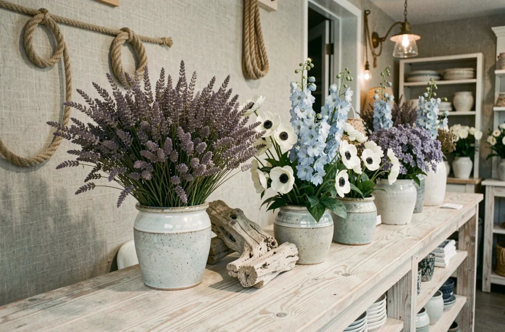 Boutique Fleur de Sel avec des compositions florales marines en céramiques et bois flotté