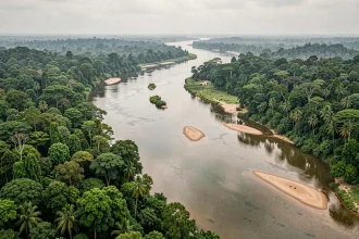 Vue aérienne du plus long fleuve du monde serpentant à travers une forêt tropicale dense avec des bancs de sable visibles