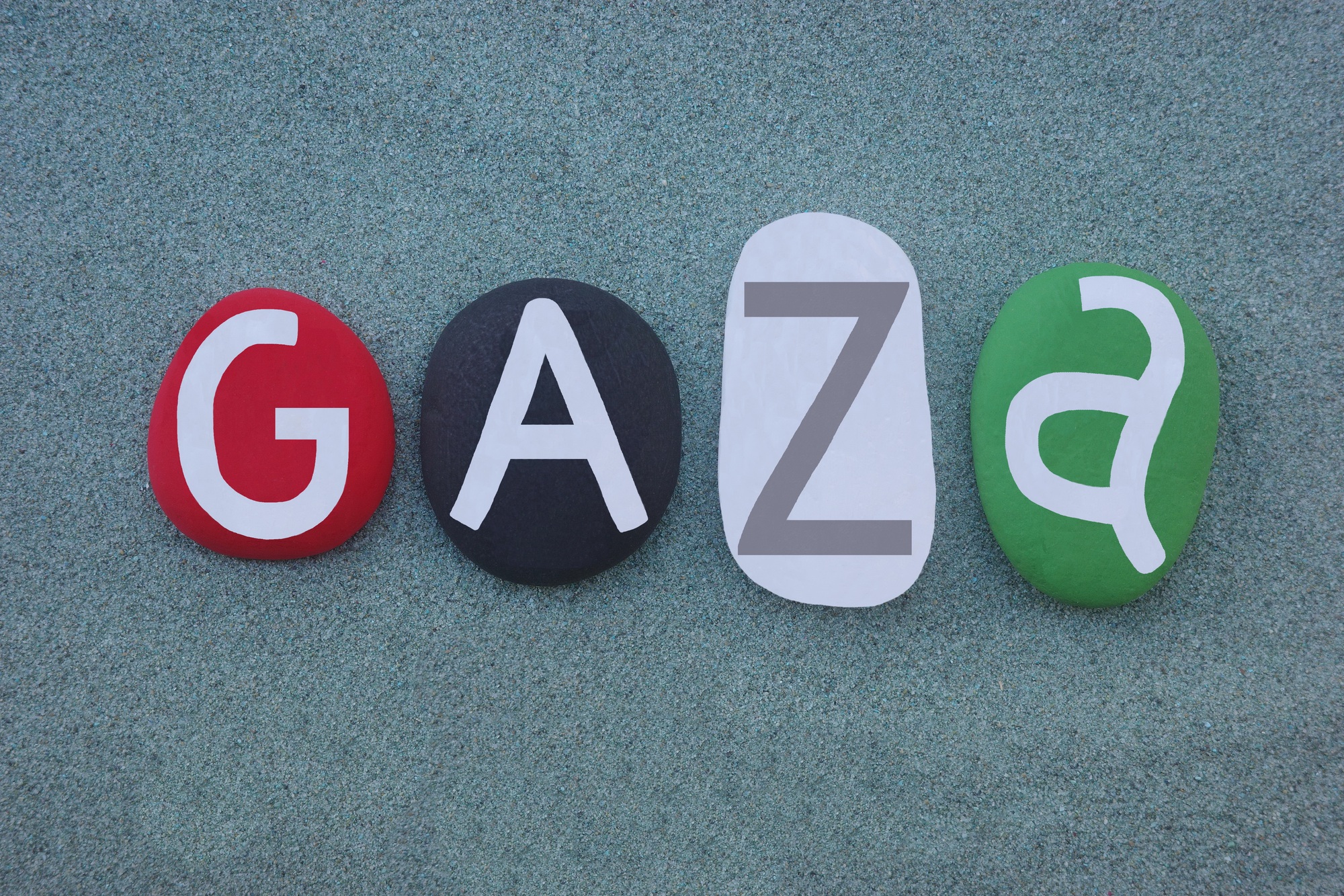 Gaza or Gaza City, Palestinian city in the Gaza Strip composed with national flag stone letters