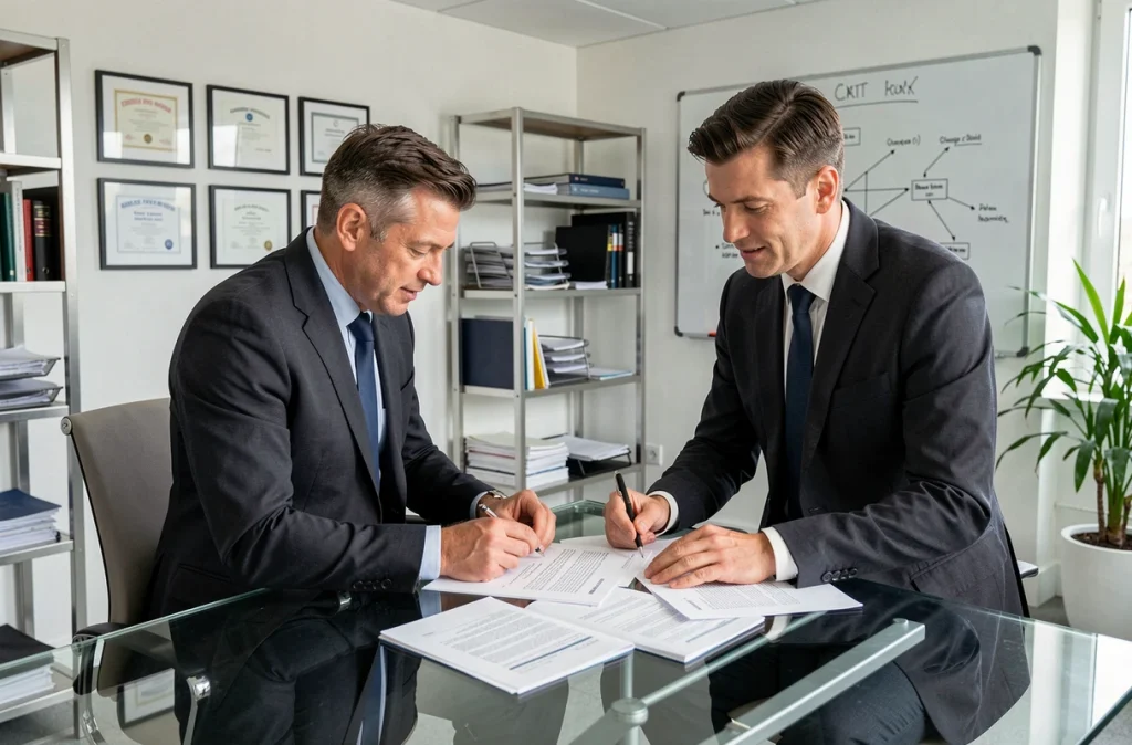 Cabinet pluridisciplinaire Gérald Vairon Avocats à Lens, deux avocats en costume sombre consultant des documents juridiques dans un bureau moderne