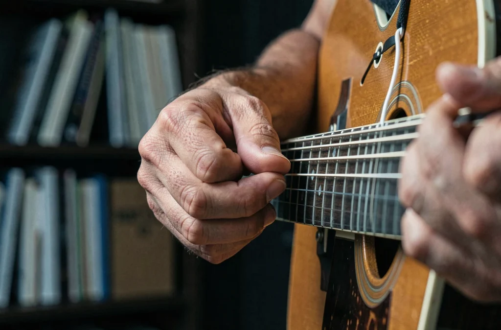 Gros plan des doigts formant l'accord B7 sur le manche d'une guitare acoustique en acajou