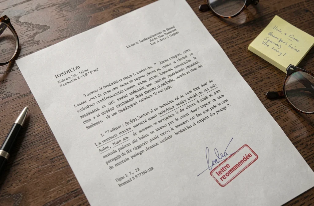 Gros plan d'une lettre de mise en demeure avec cachet recommandé et annotations manuscrites sur un bureau en bois