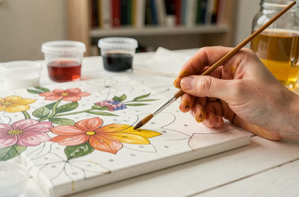 Gros plan d'une main peignant une section numérotée sur une toile florale à moitié terminée lors d'une séance de peinture par numéros
